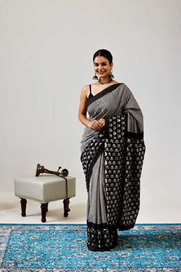 Black Siyah Lakeer — black striped mulmul cotton saree